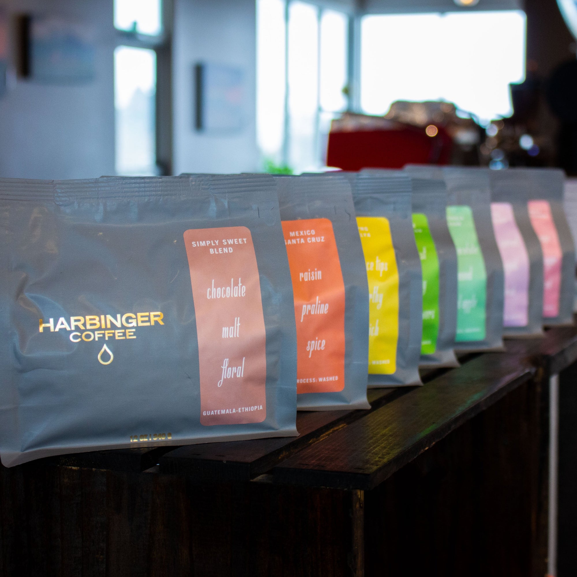 Bags of Harbinger coffee, shipped to your door with a subscription!